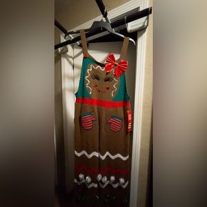 Ugly Christmas sweater, inspired overalls, knitted XL gingerbread lady